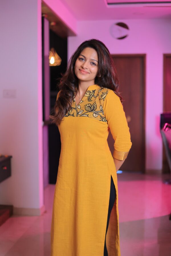Mustard yellow hand painted kurta