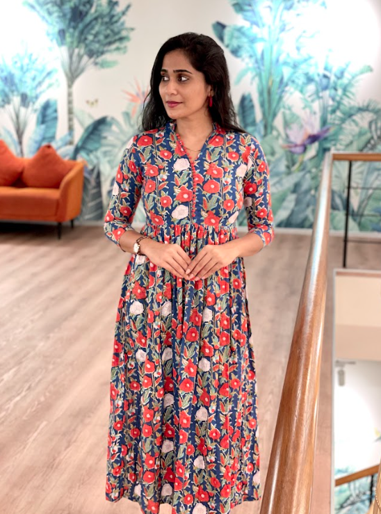 Navy blue collar Cotton maxi