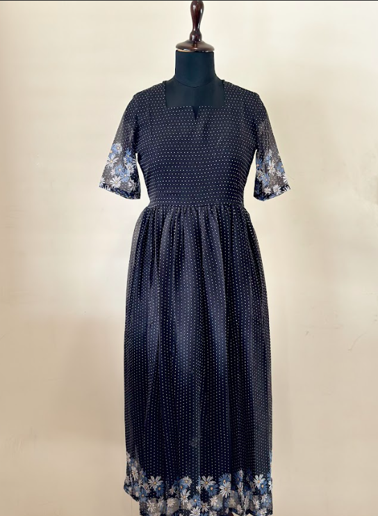 Polka dot floral border Georgette maxi