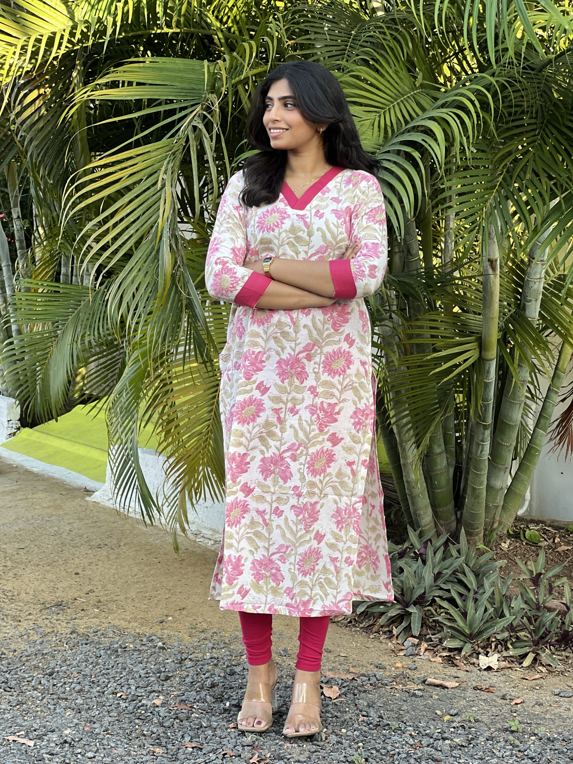 White pink floral kurta