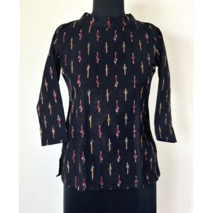 Black ikkat round collar short top