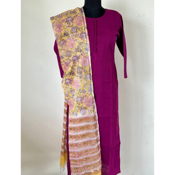 Deep magenta kurta with yellow floral kotta dupatta