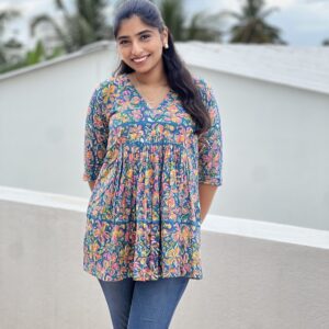 Blue multicolor inverted yoke short top