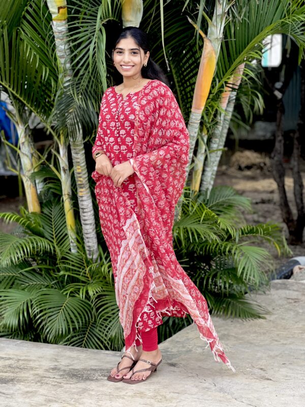 Red floral kurta with kotta dupatta