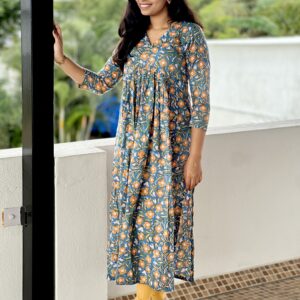 Blue mustard yellow floral inverted yoke long kurta