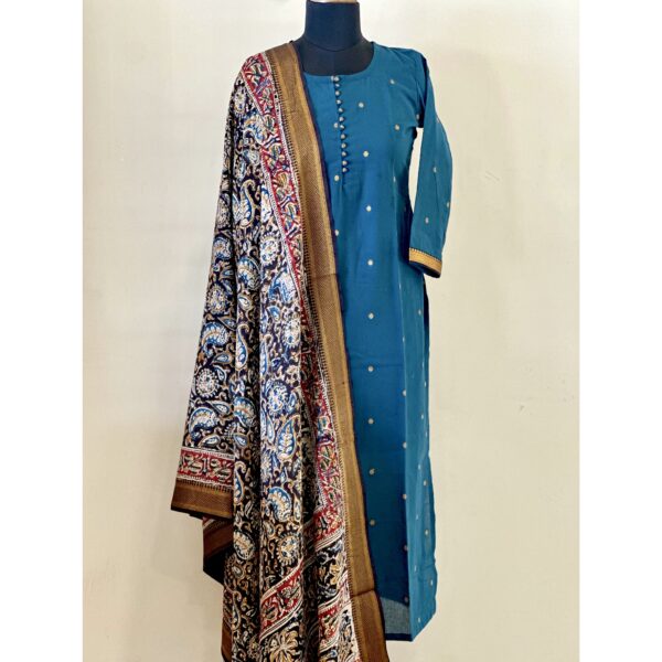 Blue gold butta cotton kurta with kalamkari silk dupatta