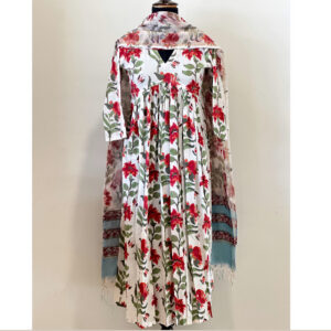 White red floral inverted yoke long kurta & kotta dupatta