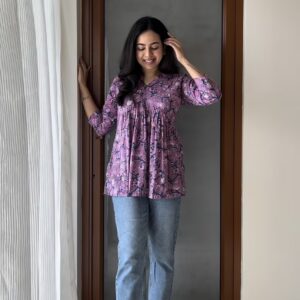 Purple floral inverted yoke short top