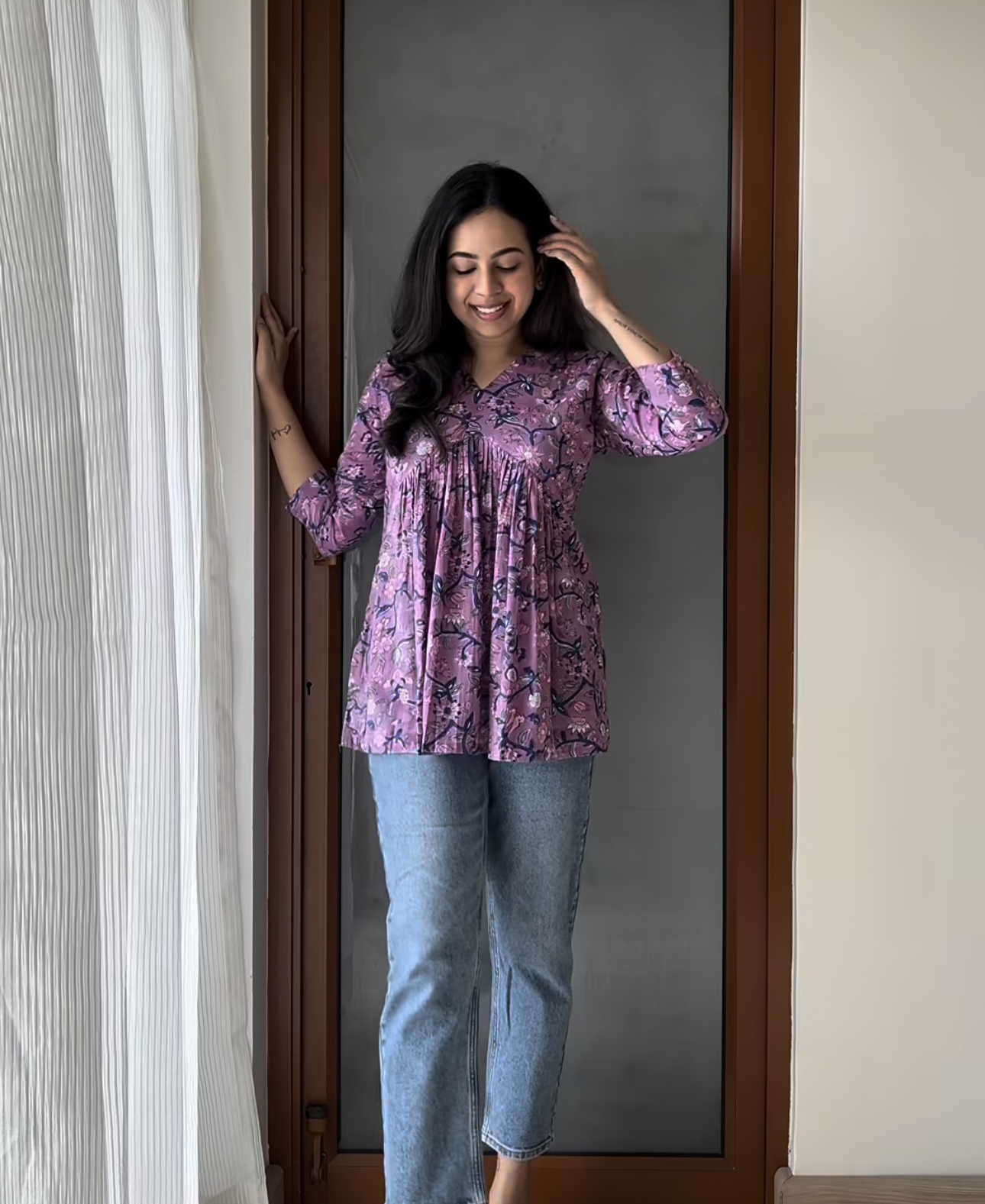 Purple floral inverted yoke short top