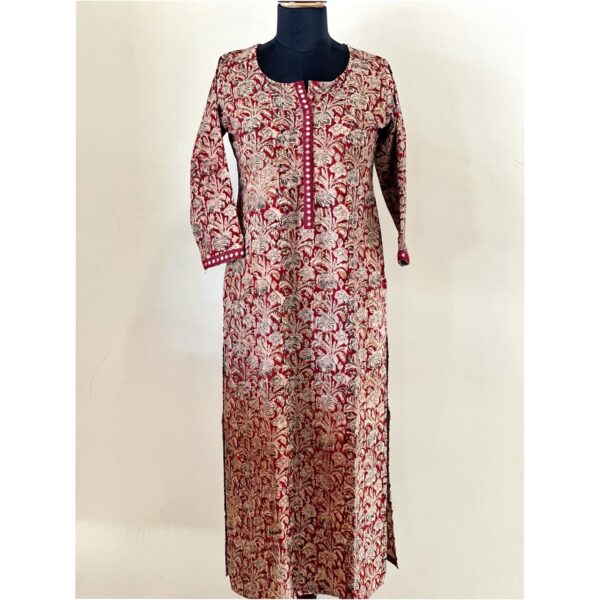 Maroon kalamkari kurta with mirror lace detailing