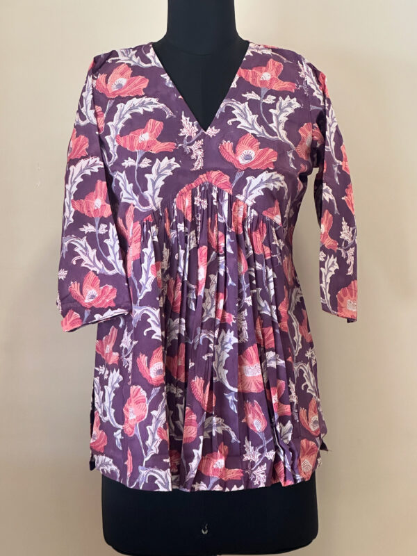 Purple peach floral inverted yoke short top