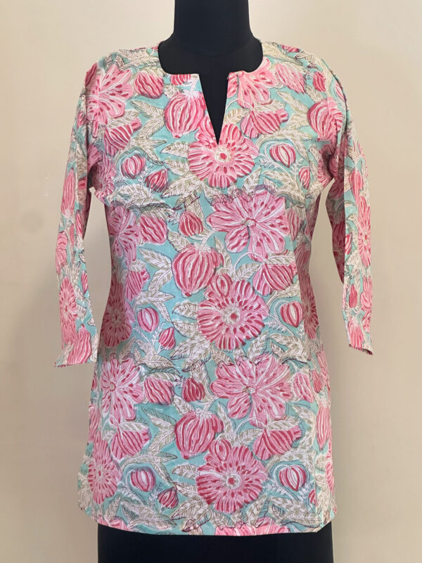 Sky blue pink floral short kurta