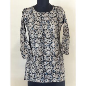 Black small flower kalamkari short kurta