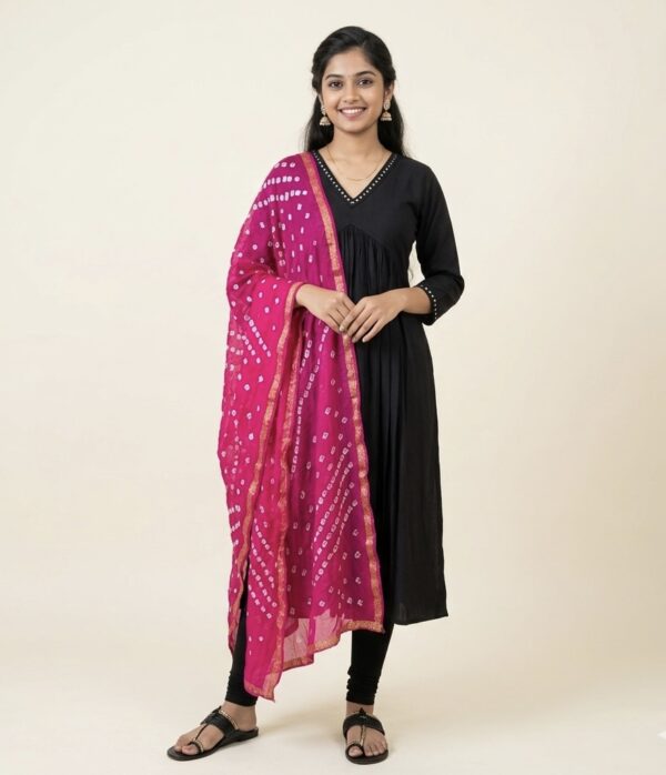 Black inverted yoke kurta with semi silk bandhini dupatta