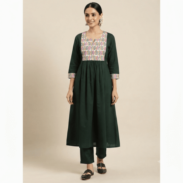 Bottle green floral aline kurta