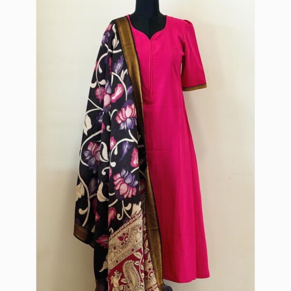 Pink aline kurta with kalamkari silk dupatta