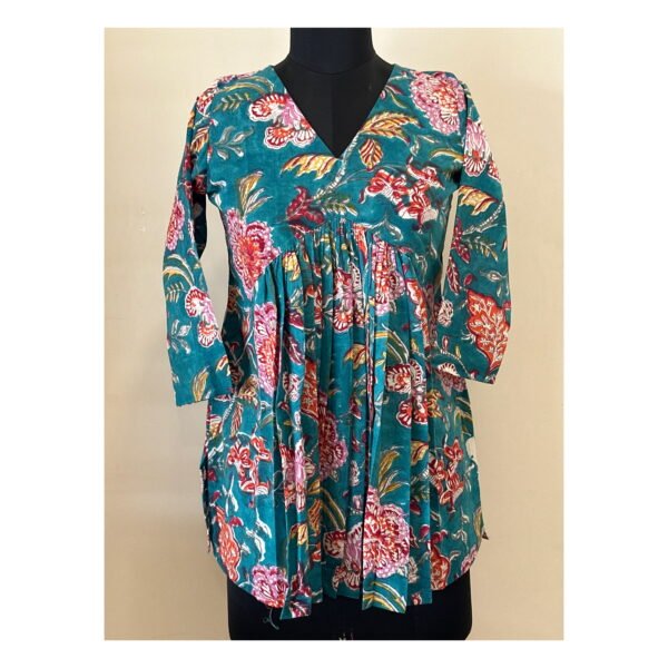 Teal blue floral short kurta