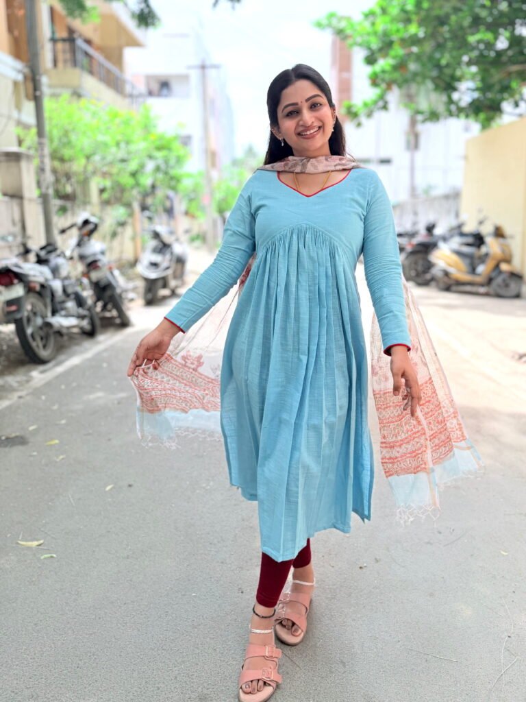 Blue inverted yoke kurta wit white kota dupatta