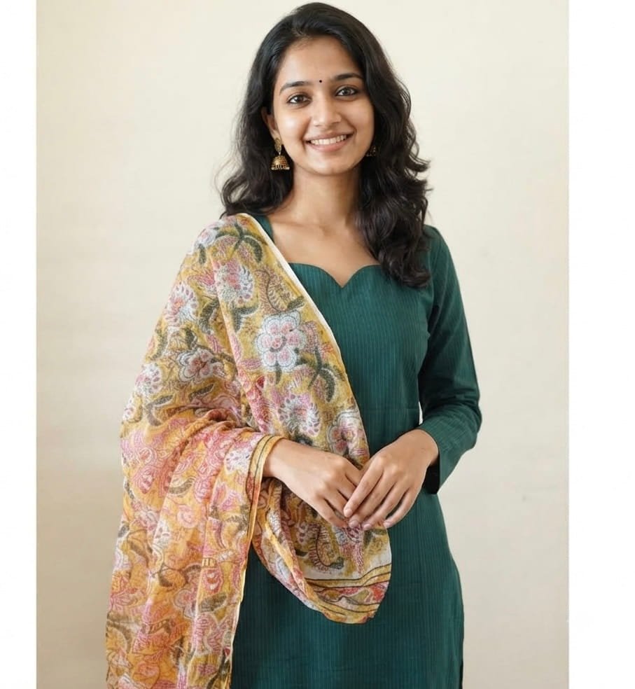Bottle green kota with floral yellow kota dupatta