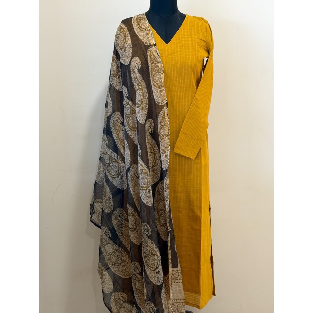 Mustard yellow Kota kurta with black mango kota dupatta
